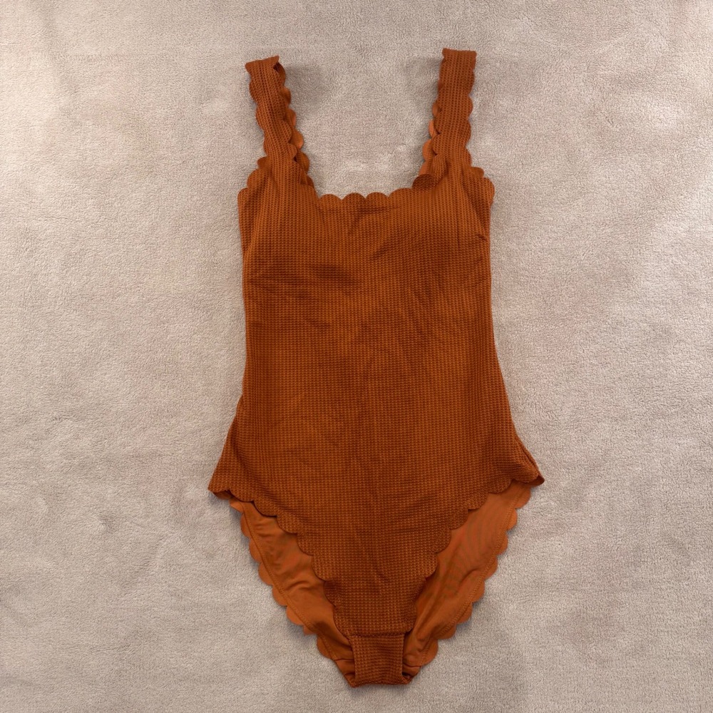 Aerie Scalloped One Piece Swimsuit Rust Textured Beachy Resort Boho Sz S Long - Picture 2 of 8